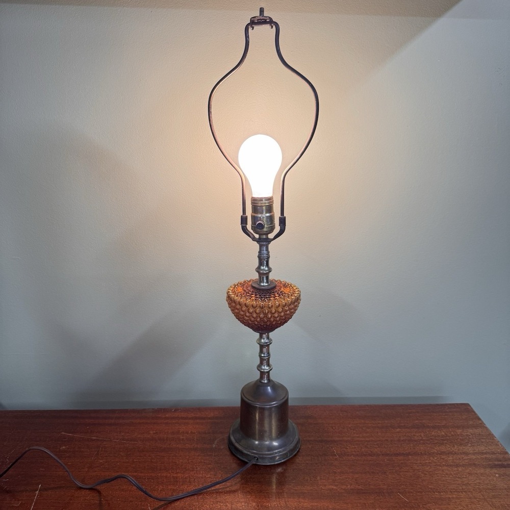 Vtg Amber Glass Hobnail Electric Lamp Metal Brass Colored  26" Works